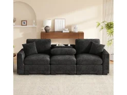 Sofá 3 lugares moderno - con almofadas e mesa dobrável - inclui portas USB e porta-copos - tecido de chenille - cinza