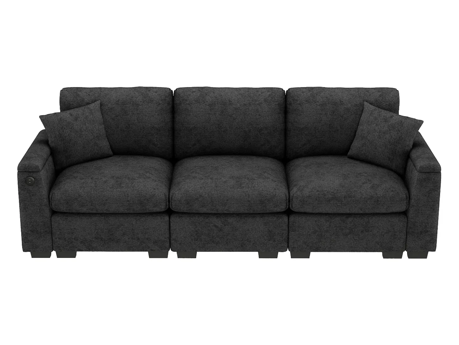 Sofá 3 lugares moderno - con almofadas e mesa dobrável - inclui portas USB e porta-copos - tecido de chenille - cinza