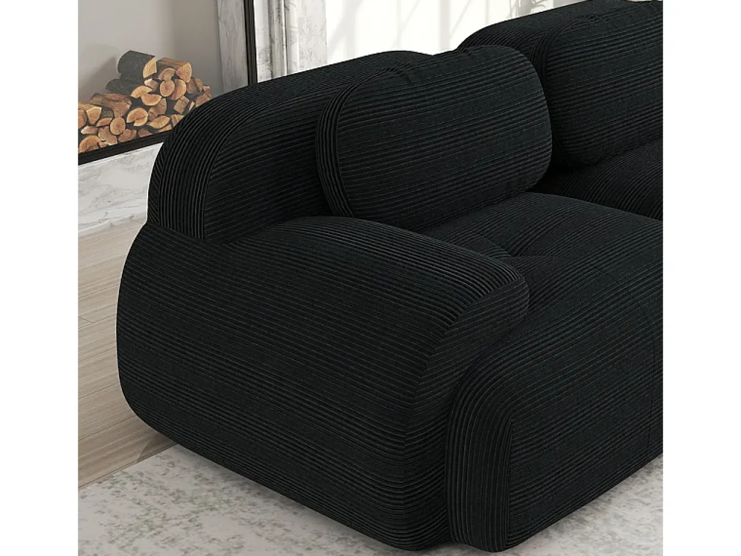 Sofá 2 Lugares Modular de Veludo Cannelado - com 2 Almofadas - 208x103x75cm - Preto