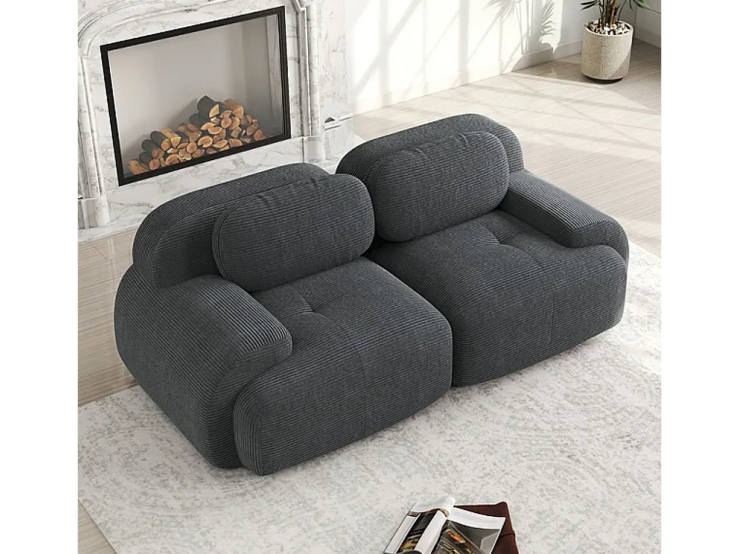 Sofá 2 Lugares Modular de Veludo Cannelado - com 2 Almofadas - 208x103x75cm - Cinza