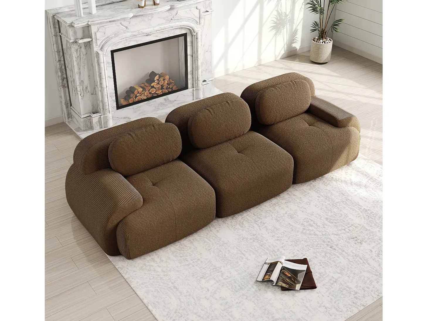 Sofá 3 lugares modular em Veludo cotelê - com 3 almofadas - 298x103x70cm - Marrom