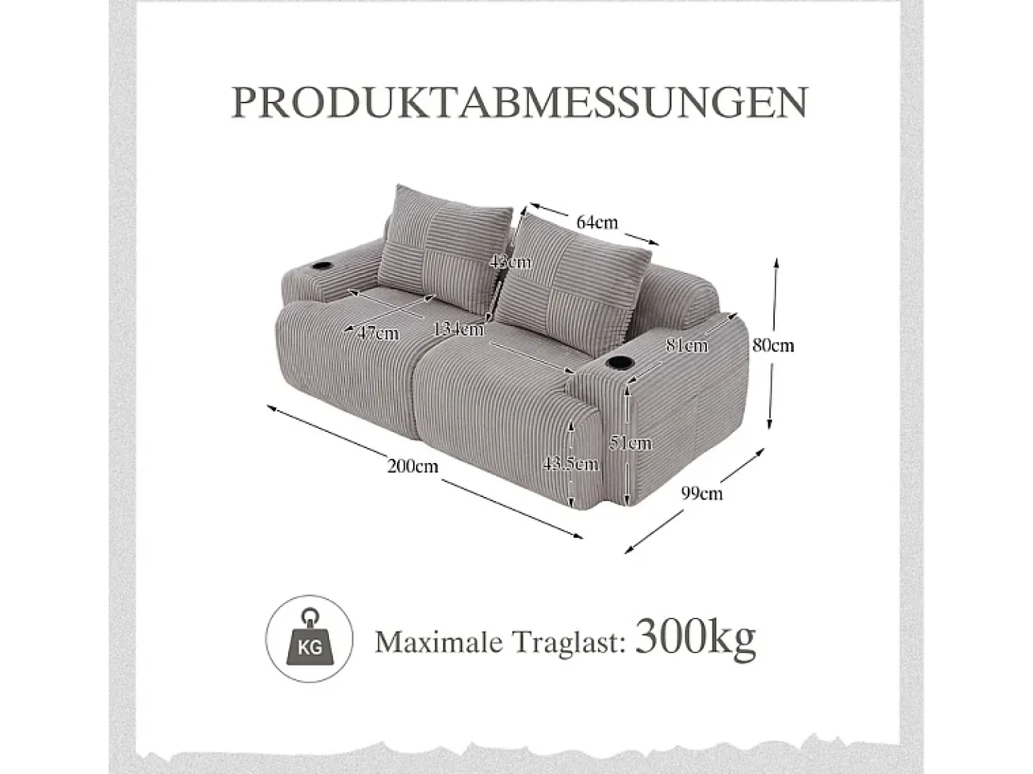 Sofá 2 lugares modular veludo canelado, porta-copos e bolso lateral, 200x99x80cm, Cinzento claro