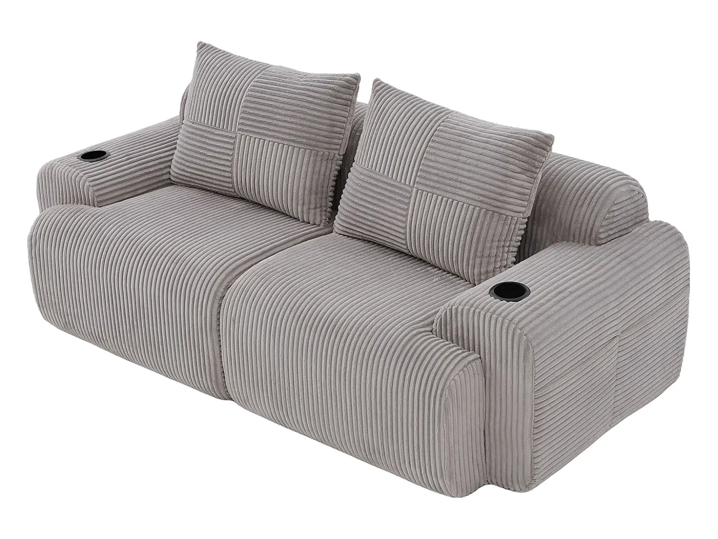 Sofá 2 lugares modular veludo canelado, porta-copos e bolso lateral, 200x99x80cm, Cinzento claro