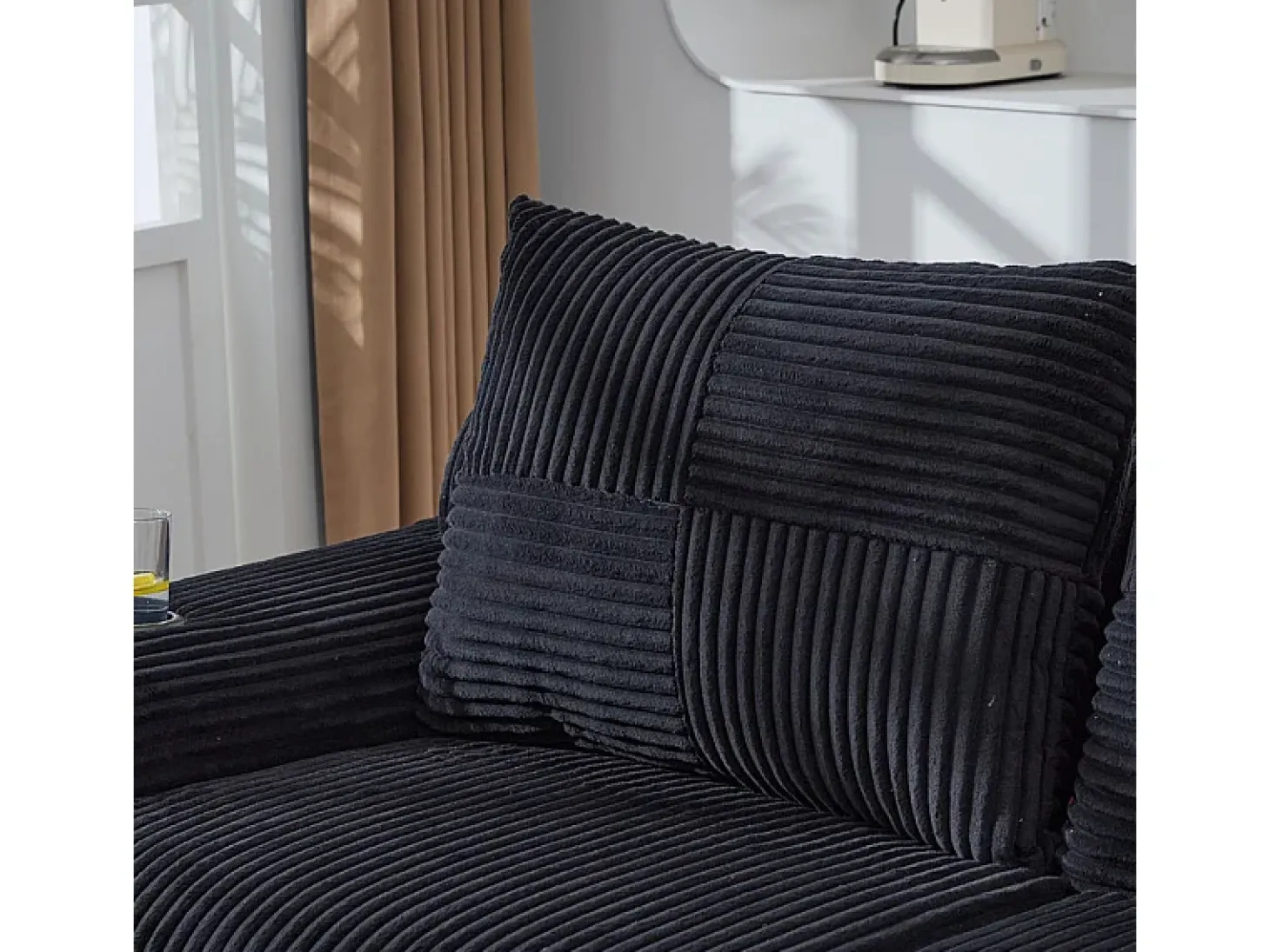 Sofá 2 lugares modular veludo canelado, porta-copos e bolso lateral, 200x99x80cm, Preto