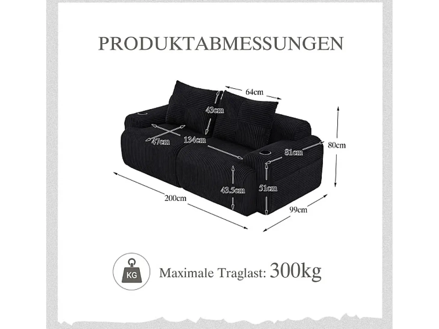 Sofá 2 lugares modular veludo canelado, porta-copos e bolso lateral, 200x99x80cm, Preto