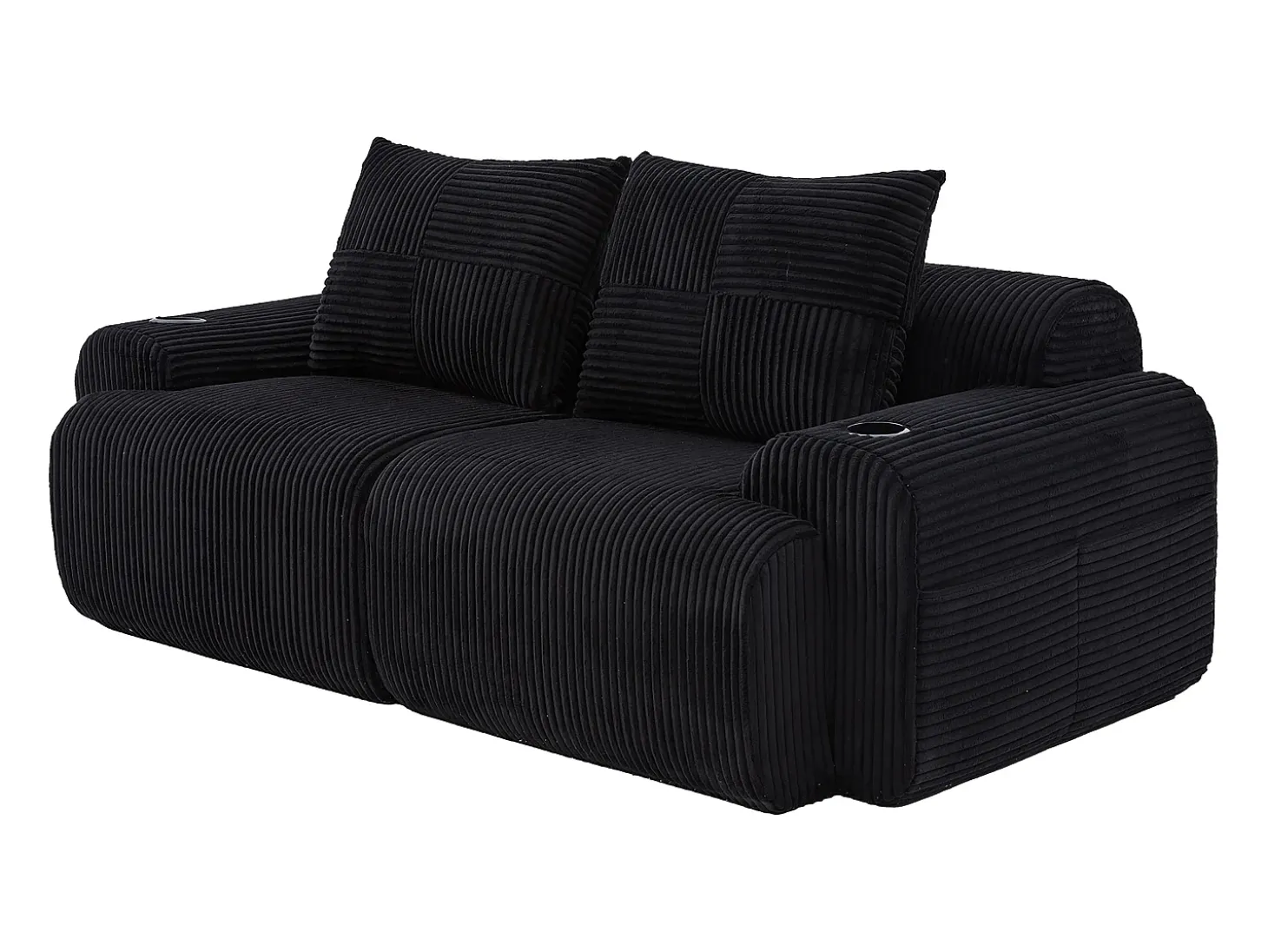 Sofá 2 lugares modular veludo canelado, porta-copos e bolso lateral, 200x99x80cm, Preto
