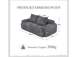Sofá 2 lugares modular veludo canelado, porta-copos e bolso lateral, 200x99x80cm, Cinzento antracite