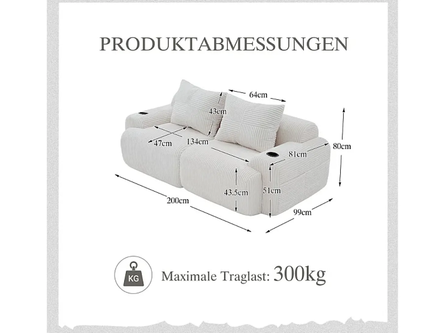 Sofá 2 lugares modular veludo canelado, porta-copos e bolso lateral, 200x99x80cm, Bege