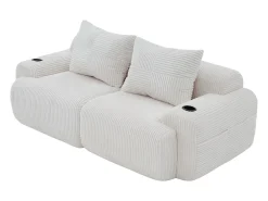 Sofá 2 lugares modular veludo canelado, porta-copos e bolso lateral, 200x99x80cm, Bege