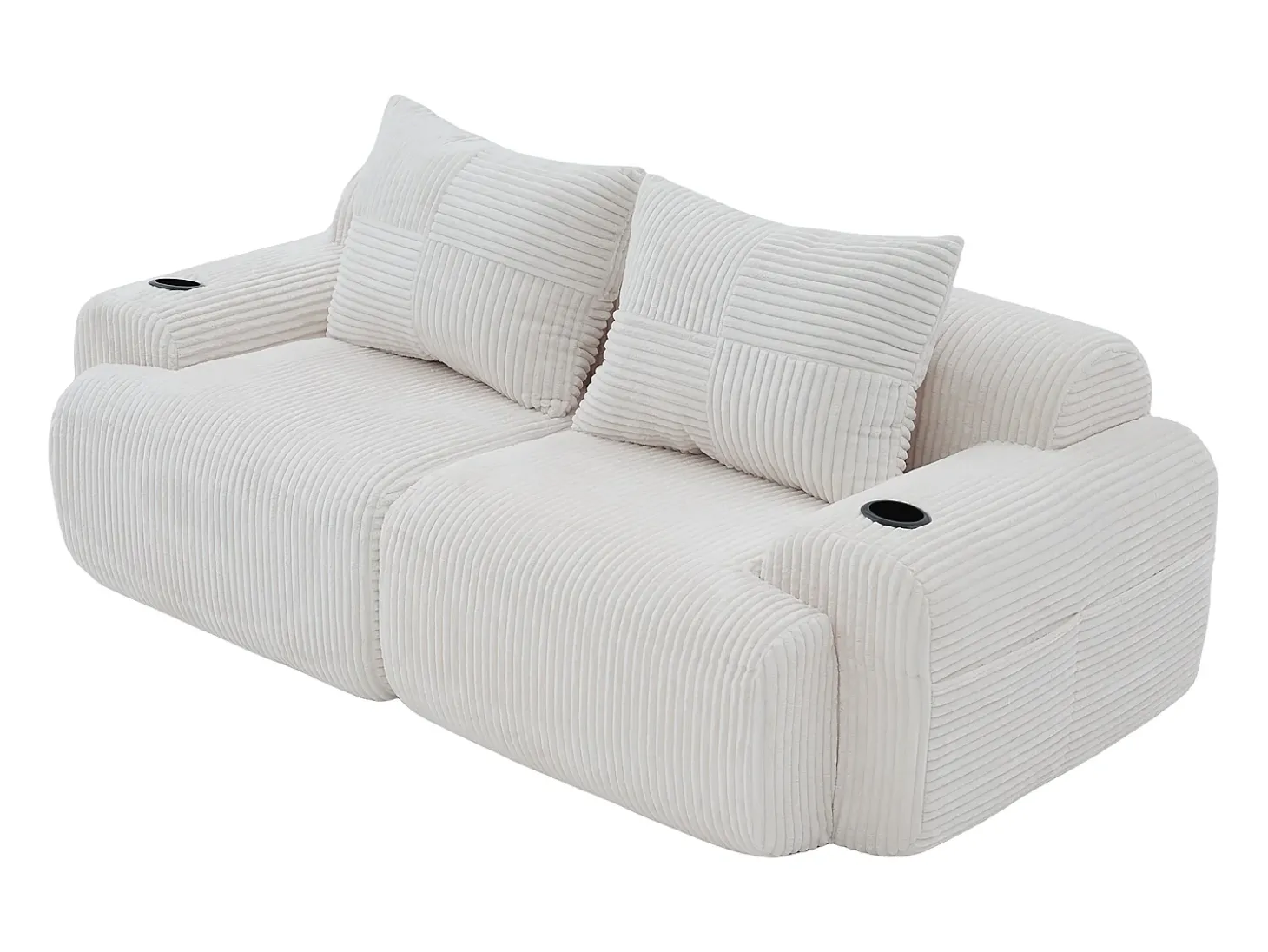 Sofá 2 lugares modular veludo canelado, porta-copos e bolso lateral, 200x99x80cm, Bege