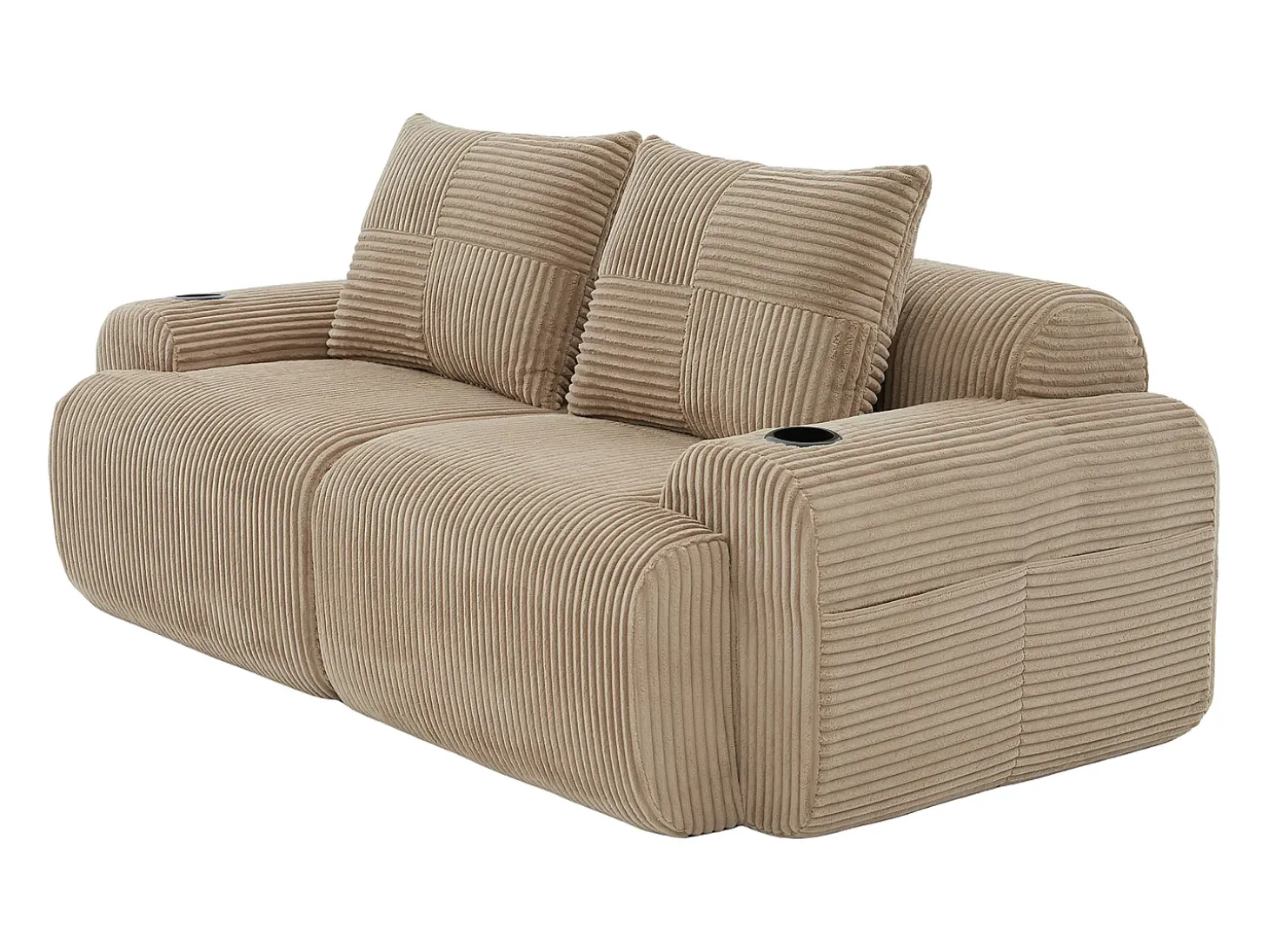 Sofá 2 lugares modular veludo canelado, porta-copos e bolso lateral, 200x99x80cm, Cáqui