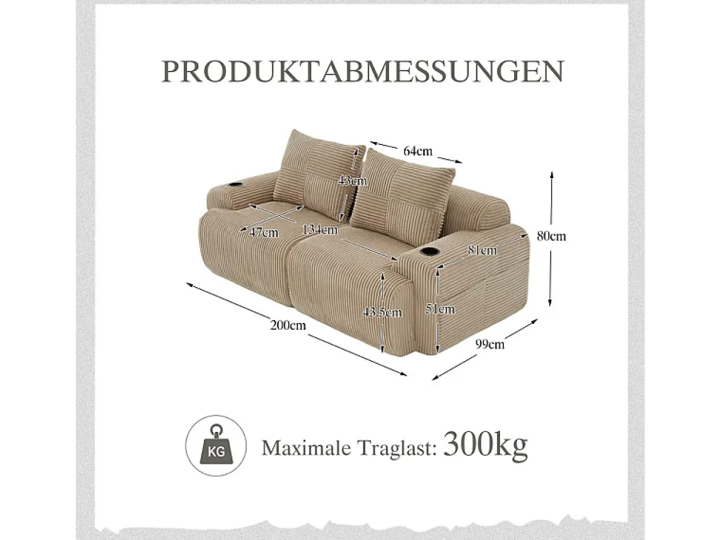 Sofá 2 lugares modular veludo canelado, porta-copos e bolso lateral, 200x99x80cm, Cáqui