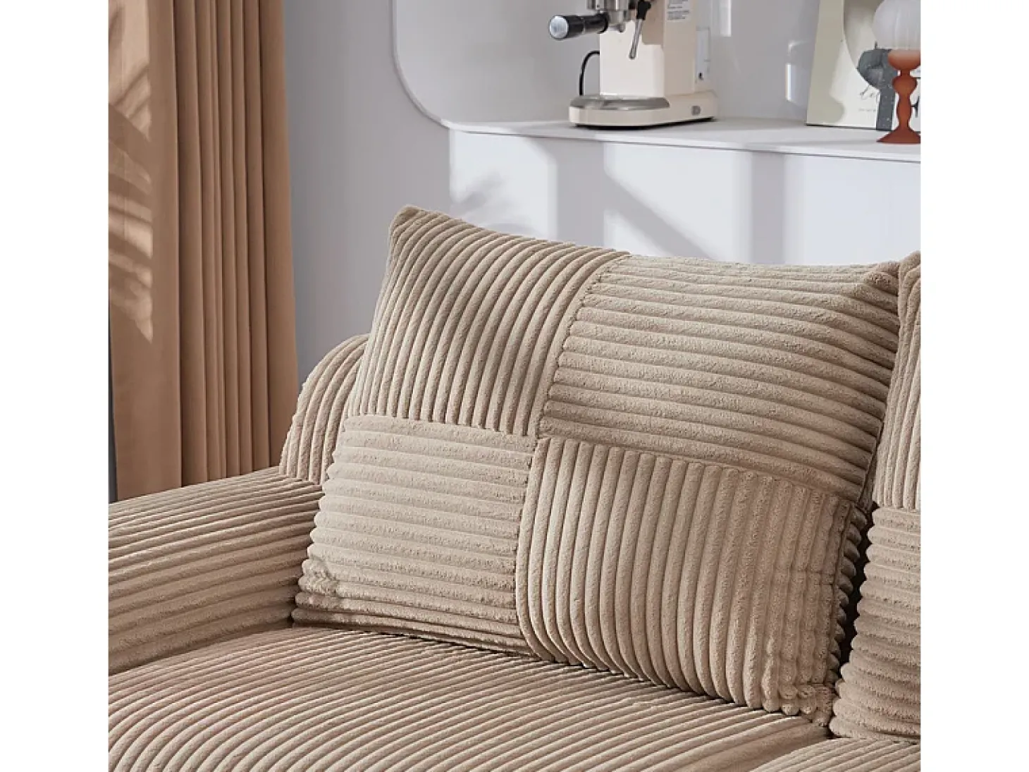 Sofá 2 lugares modular veludo canelado, porta-copos e bolso lateral, 200x99x80cm, Cáqui