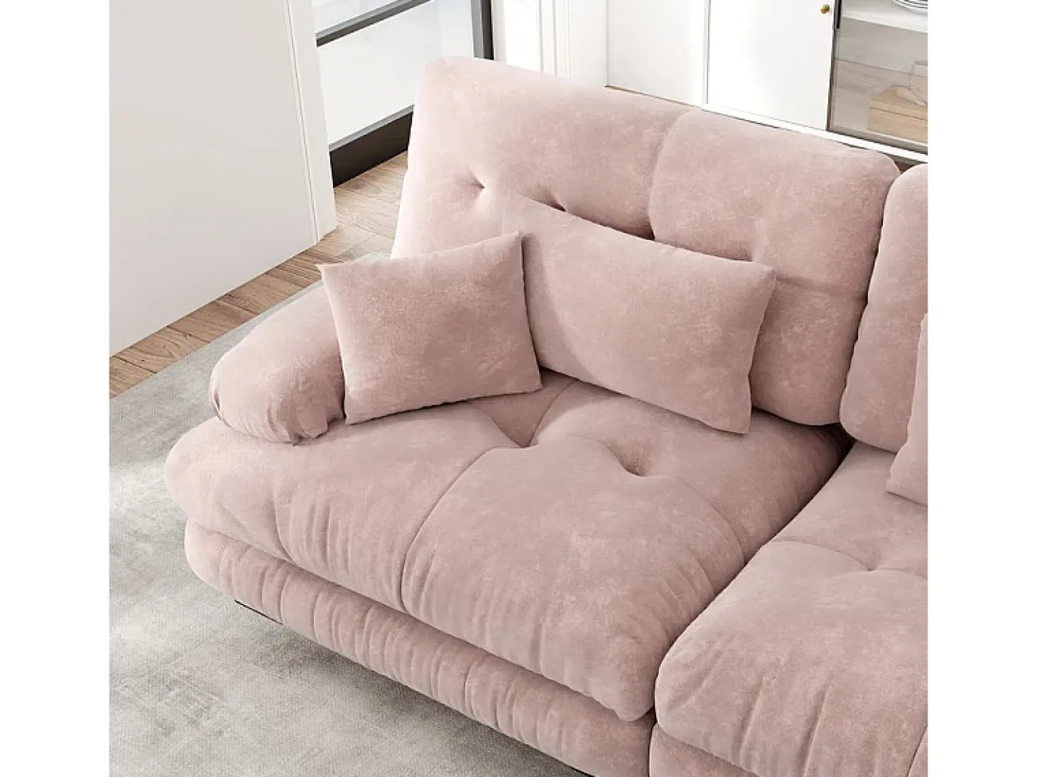 Sofá 2 lugares rosa - com 4 almofadas - estrutura madeira maciça + tecido pelúcia - 220x77x81cm