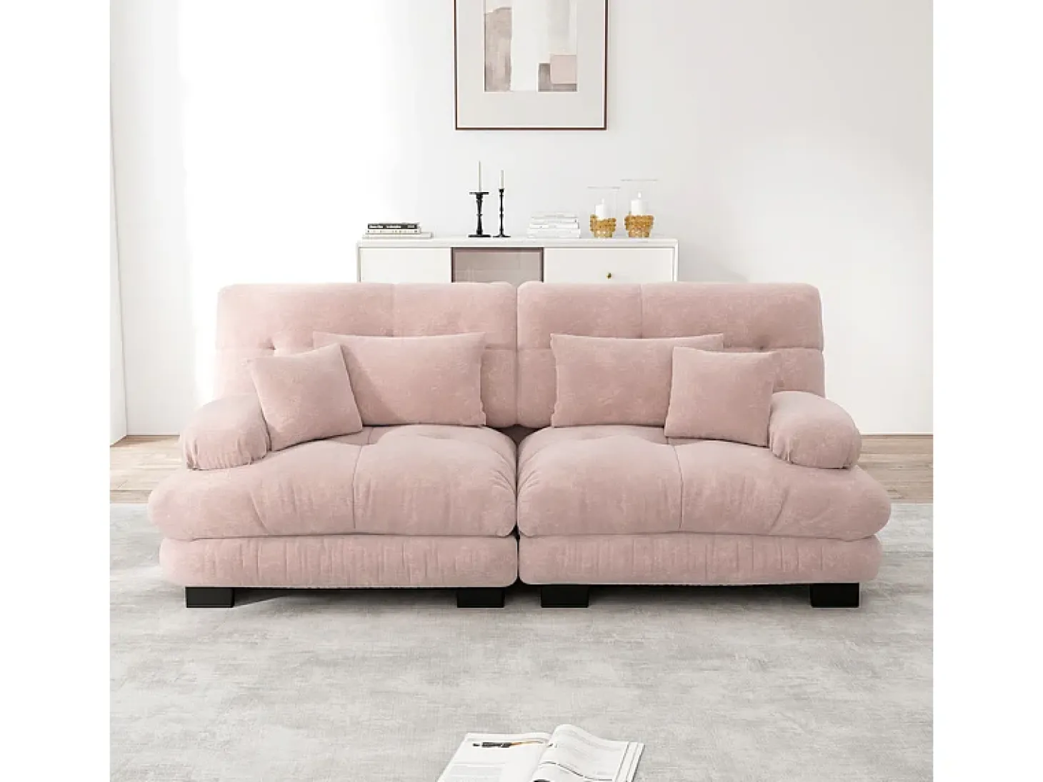 Sofá 2 lugares rosa - com 4 almofadas - estrutura madeira maciça + tecido pelúcia - 220x77x81cm