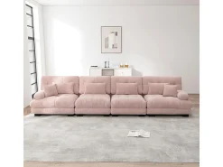 Sofá 4 lugares tecido pelúcia rosa - com 6 almofadas - estrutura madeira maciça - 406x77x81cm