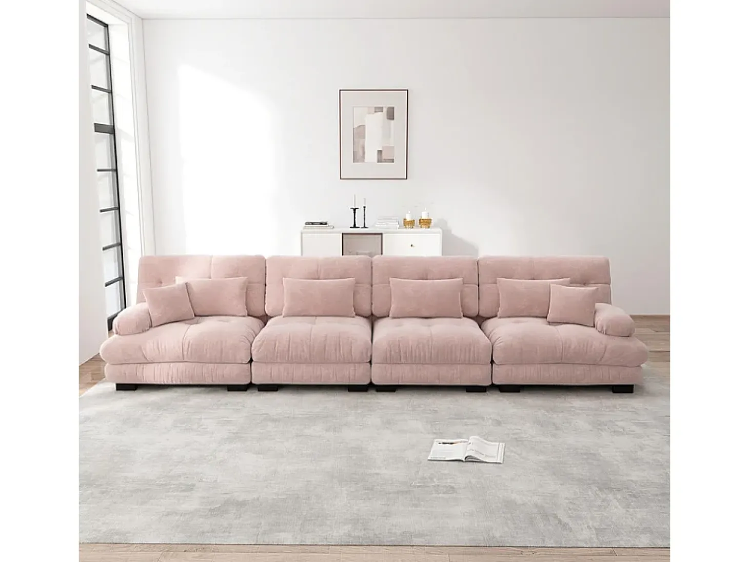 Sofá 4 lugares tecido pelúcia rosa - com 6 almofadas - estrutura madeira maciça - 406x77x81cm