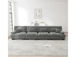 Sofá 4 lugares tecido pelúcia cinza - com 6 almofadas - estrutura madeira maciça - 406x77x81cm
