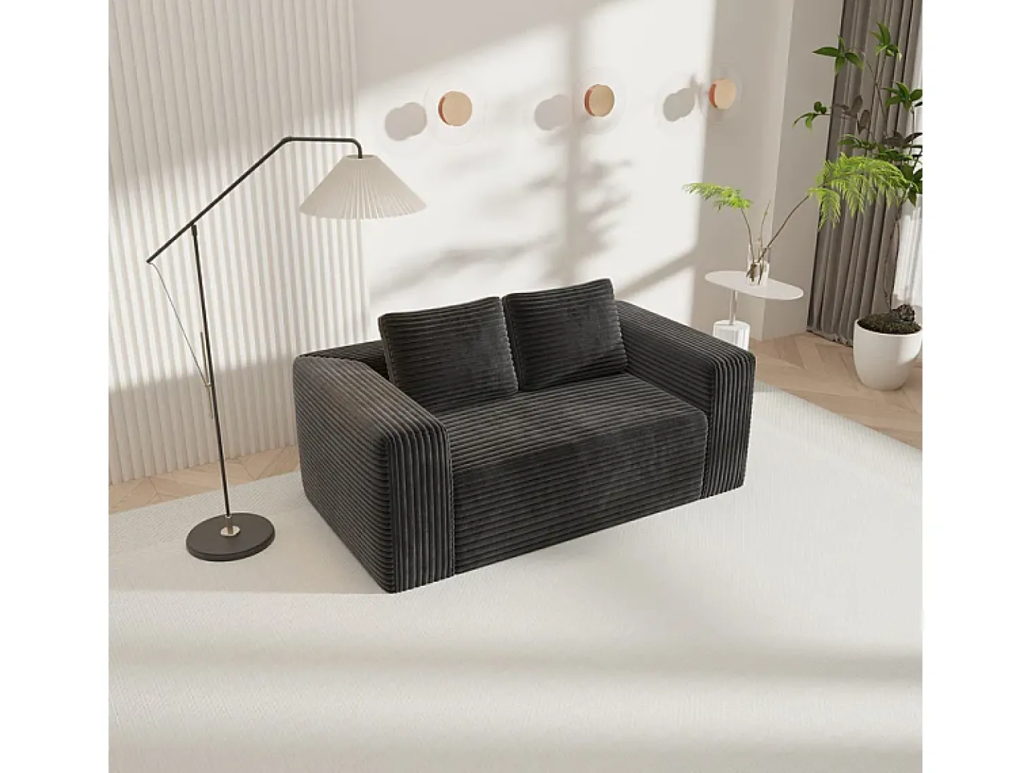 Sofá 2 Lugares, Veludo canelado preto, 65cm prof. assento, 2 almofadas, 160x88x58cm