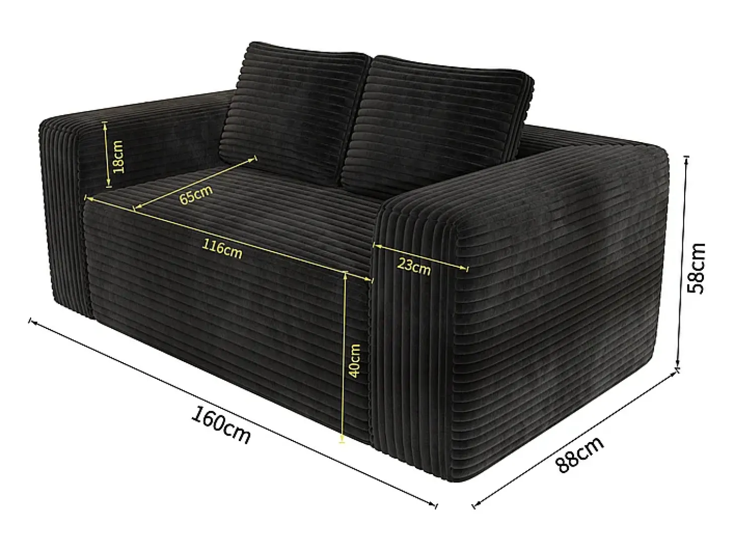 Sofá 2 Lugares, Veludo canelado preto, 65cm prof. assento, 2 almofadas, 160x88x58cm