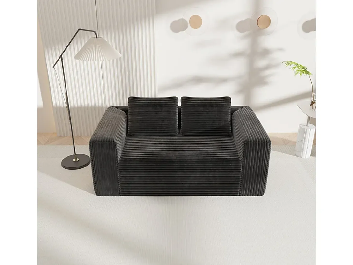 Sofá 2 Lugares, Veludo canelado preto, 65cm prof. assento, 2 almofadas, 160x88x58cm