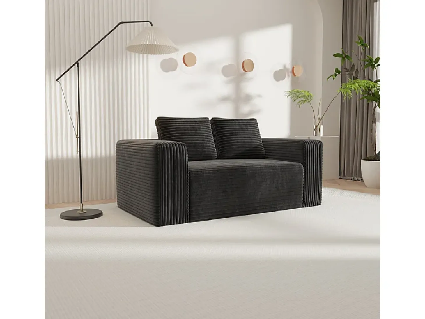 Sofá 2 Lugares, Veludo canelado preto, 65cm prof. assento, 2 almofadas, 160x88x58cm