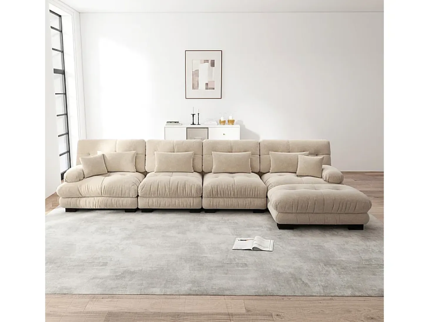 Sofá angular 4 lugares em tecido Chenille, com 6 almofadas, puff removível, combinação DIY, 406x145x81cm, Cinza