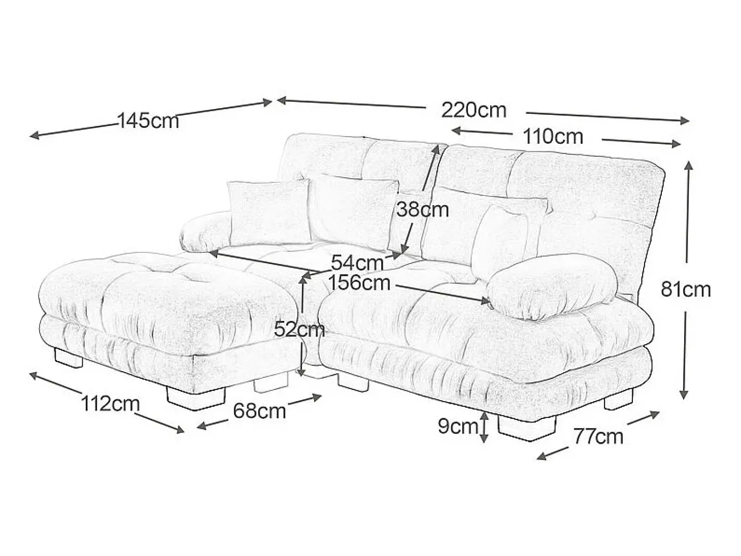 Sofá angular 2 lugares em tecido Chenille, com 4 almofadas, puff removível, combinação DIY, 220x145x81cm, Rosa