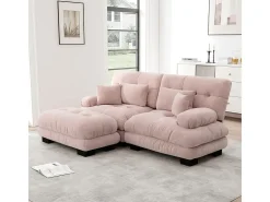 Sofá angular 2 lugares em tecido Chenille, com 4 almofadas, puff removível, combinação DIY, 220x145x81cm, Rosa