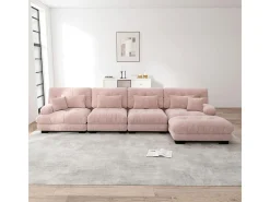 Sofá angular 4 lugares em tecido Chenille, com 6 almofadas, puff removível, combinação DIY, 406x145x81cm, Rosa