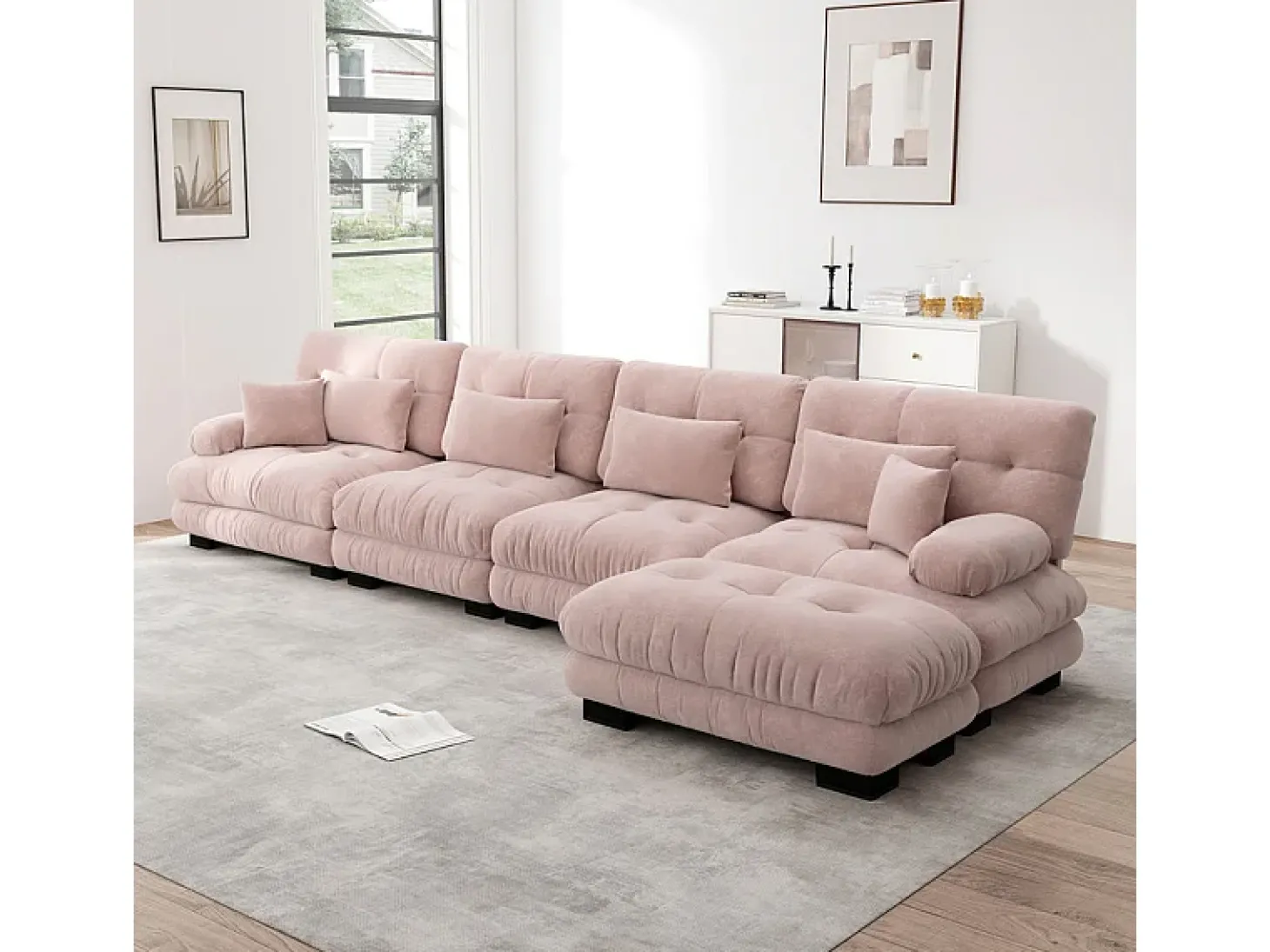 Sofá angular 4 lugares em tecido Chenille, com 6 almofadas, puff removível, combinação DIY, 406x145x81cm, Rosa
