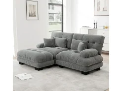 Sofá angular 2 lugares em tecido Chenille, com 4 almofadas, puff removível, combinação DIY, 220x145x81cm, Cinza