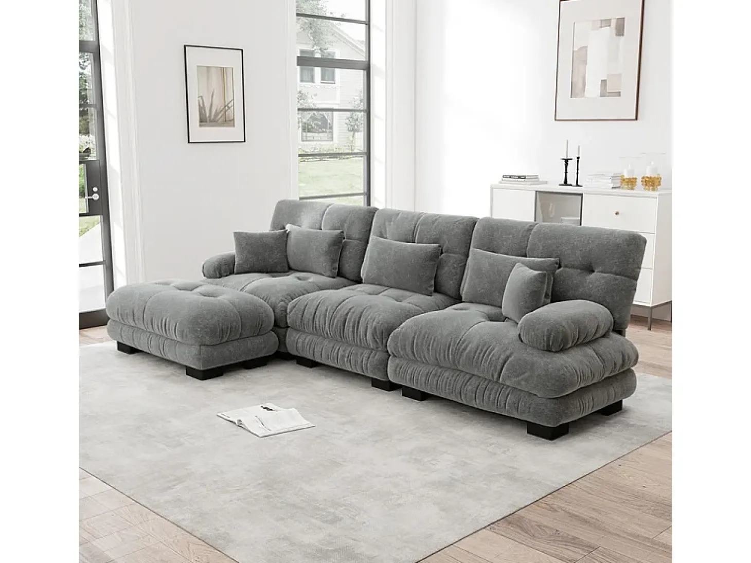 Sofá angular 3 lugares em tecido Chenille, com 5 almofadas, puff removível, combinação DIY, 313x145x81cm, Cinza