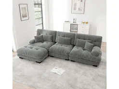 Sofá angular 3 lugares em tecido Chenille, com 5 almofadas, puff removível, combinação DIY, 313x145x81cm, Cinza