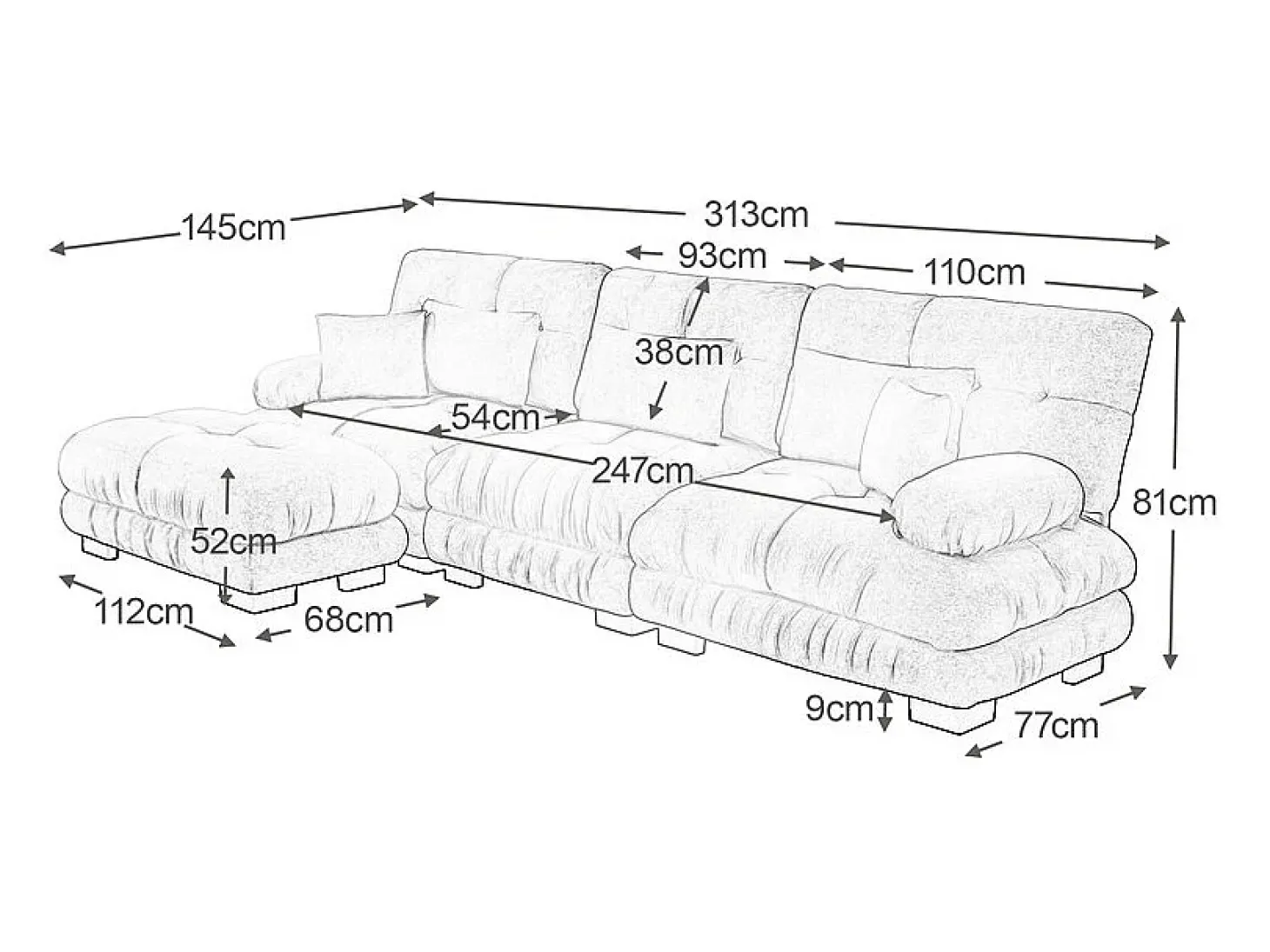 Sofá angular 3 lugares em tecido Chenille, com 5 almofadas, puff removível, combinação DIY, 313x145x81cm, Cinza