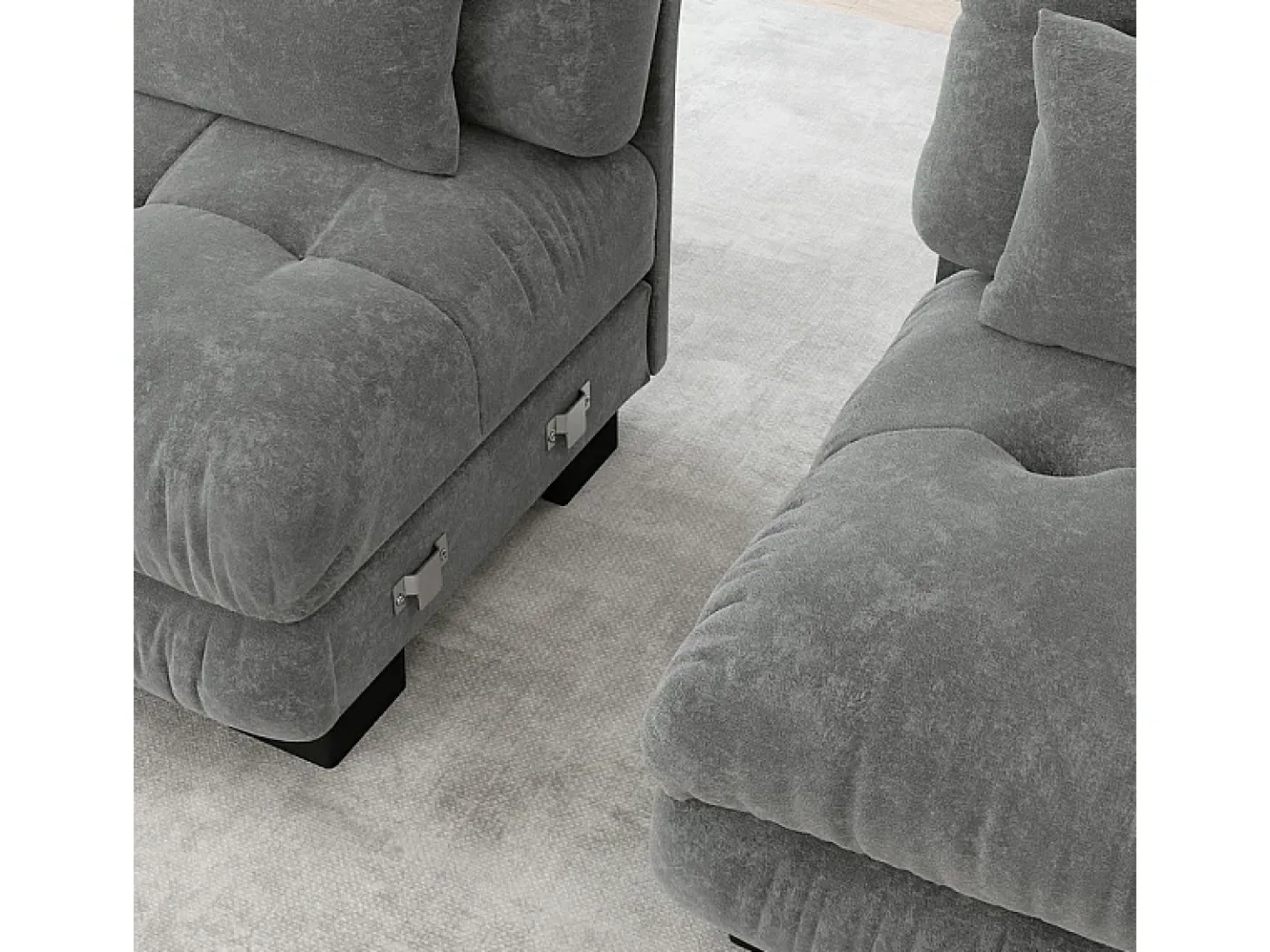 Sofá angular 3 lugares em tecido Chenille, com 5 almofadas, puff removível, combinação DIY, 313x145x81cm, Cinza