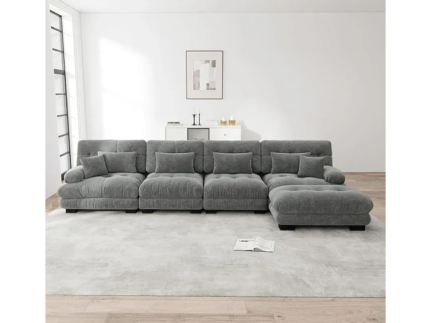 Sofá angular 4 lugares em tecido Chenille, com 6 almofadas, puff removível, combinação DIY, 406x145x81cm, Bege