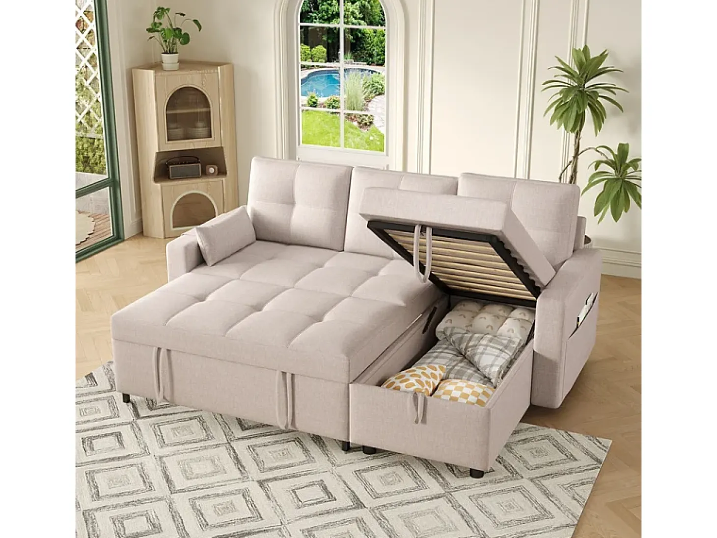 Sofá angular conversível em veludo - 3 lugares - com armazenamento, porta-copos de aço inoxidável - 205x139x87cm - Bege