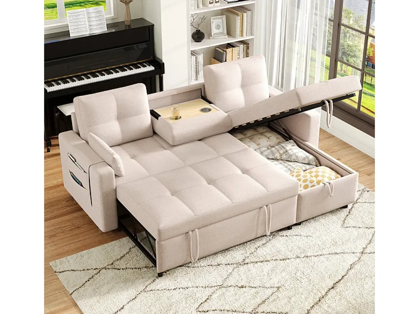 Sofá angular conversível em veludo - 3 lugares - com armazenamento, porta-copos de aço inoxidável - 205x139x87cm - Bege