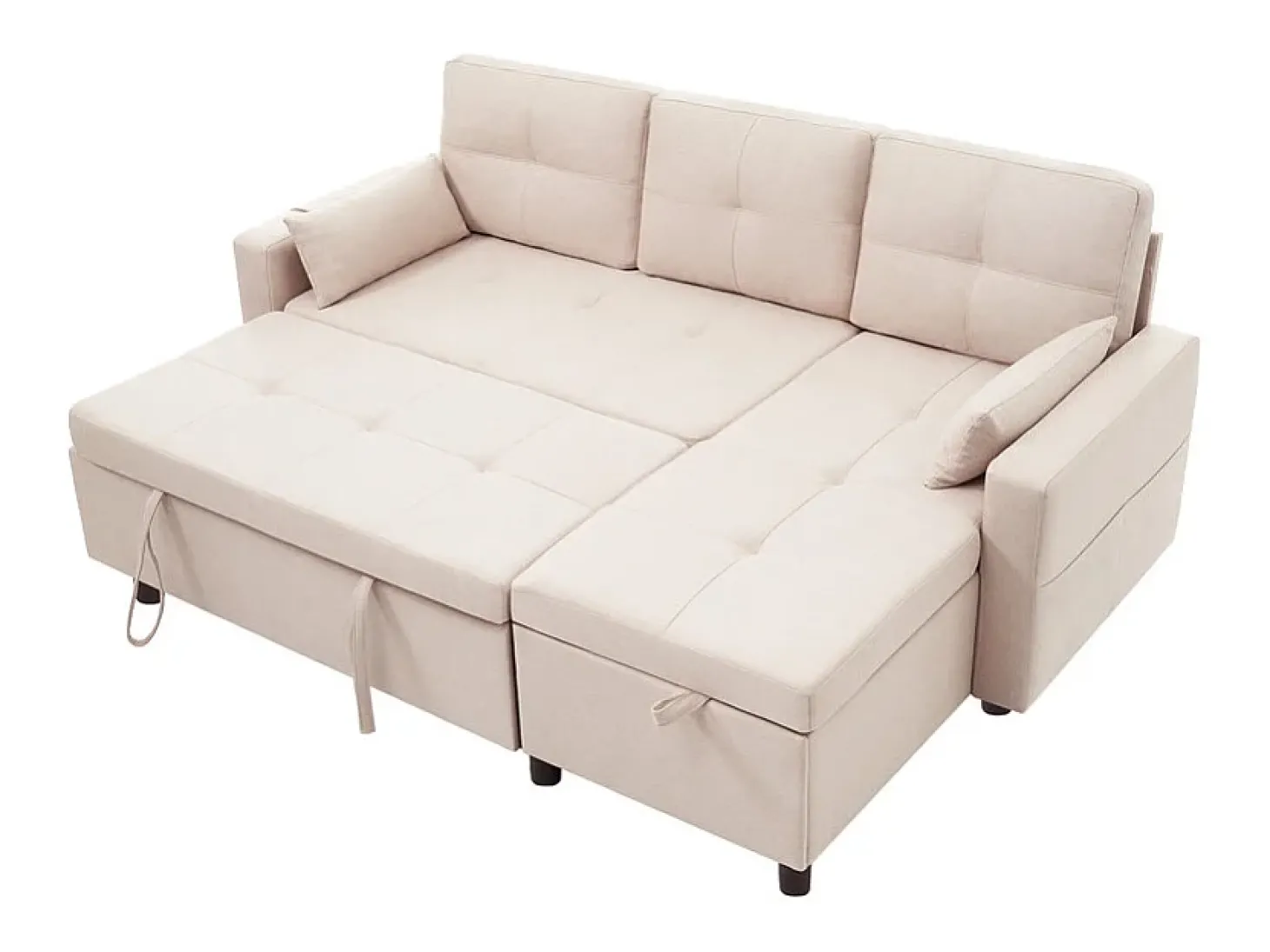 Sofá angular conversível em veludo - 3 lugares - com armazenamento, porta-copos de aço inoxidável - 205x139x87cm - Bege