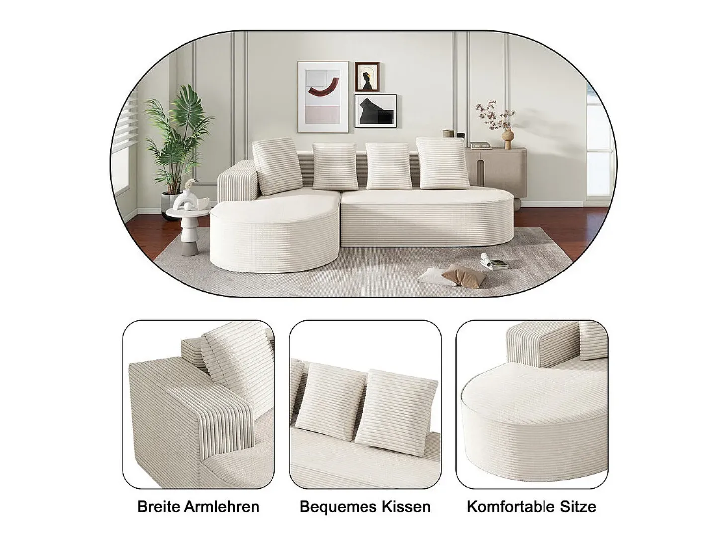 Sofá angular esquerdo de Veludo de canelura larga com 4 almofadas - 265x67x40,5cm - Branco
