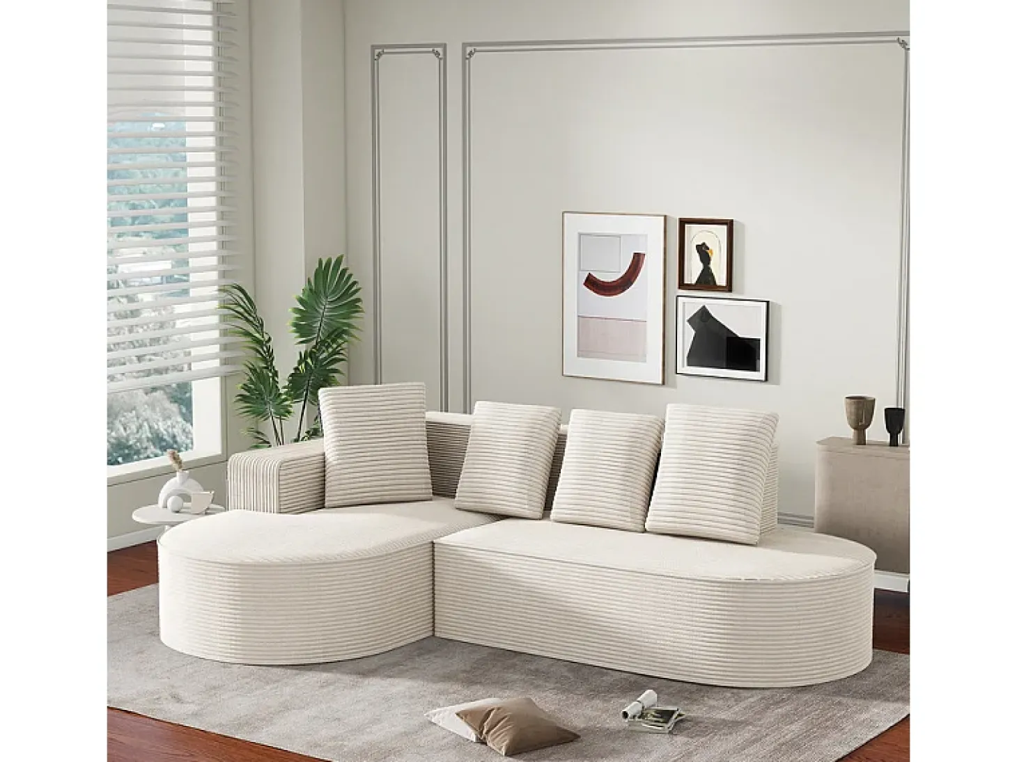 Sofá angular esquerdo de Veludo de canelura larga com 4 almofadas - 265x67x40,5cm - Branco