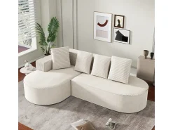 Sofá angular esquerdo de Veludo de canelura larga com 4 almofadas - 265x67x40,5cm - Branco