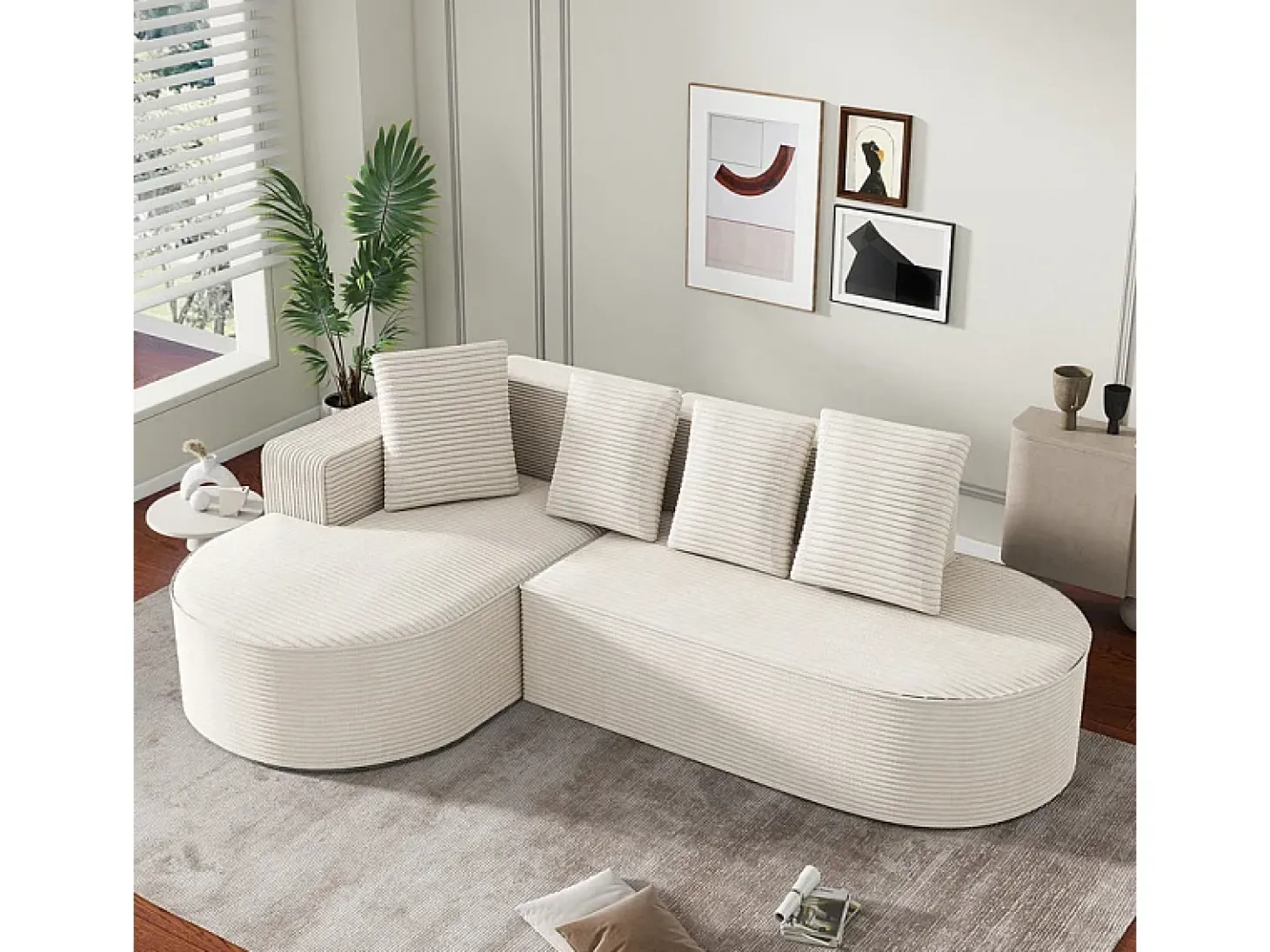 Sofá angular esquerdo de Veludo de canelura larga com 4 almofadas - 265x67x40,5cm - Branco