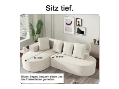 Sofá angular esquerdo de Veludo de canelura larga com 4 almofadas - 265x67x40,5cm - Branco