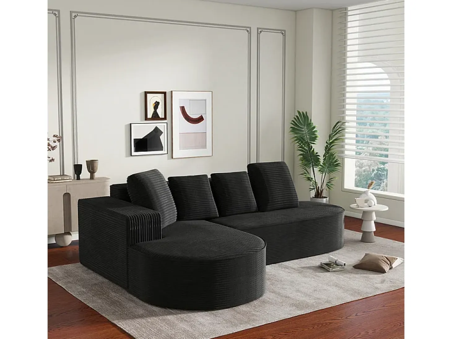 Sofá angular esquerdo de Veludo de canelura larga com 4 almofadas - 265x67x40,5cm - Preto
