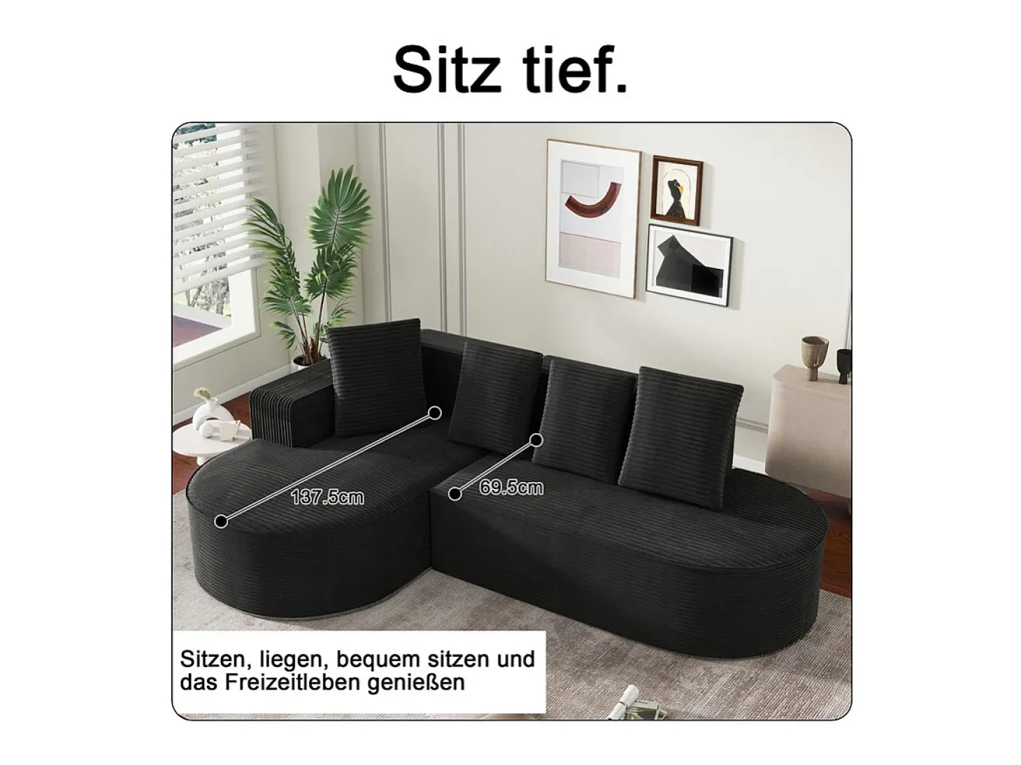 Sofá angular esquerdo de Veludo de canelura larga com 4 almofadas - 265x67x40,5cm - Preto