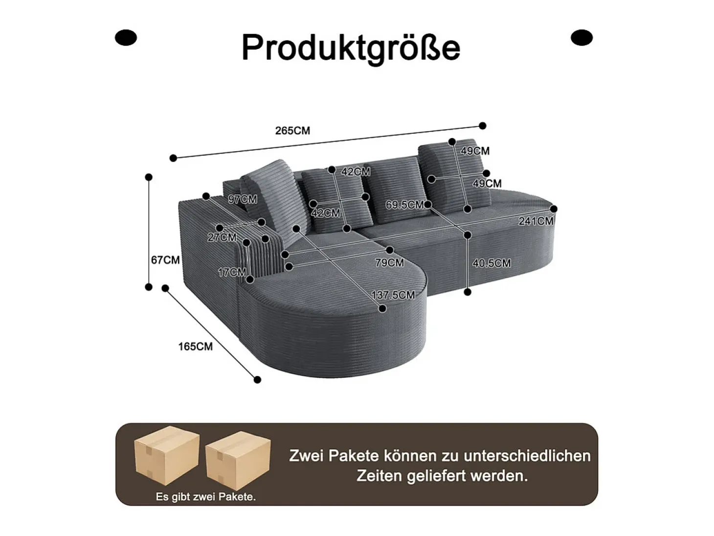 Sofá angular esquerdo de Veludo de canelura larga com 4 almofadas - 265x67x40,5cm - Cinza