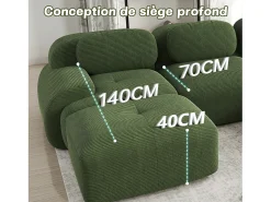 Sofá angular modular 2 lugares - de Veludo cotelê - com 2 almofadas e puff - ergonómico - 208x178x75cm - Verde