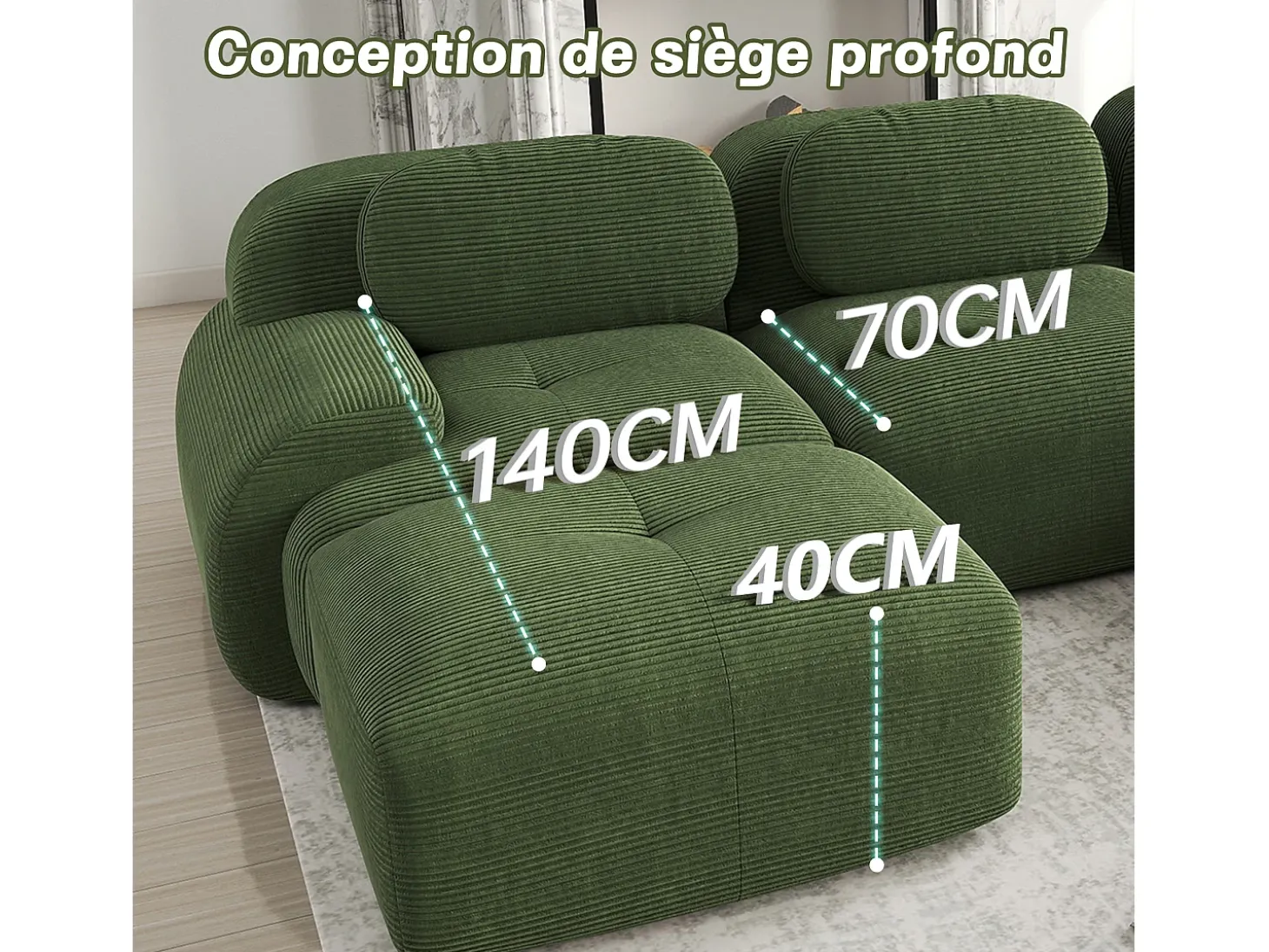 Sofá angular modular 2 lugares - de Veludo cotelê - com 2 almofadas e puff - ergonómico - 208x178x75cm - Verde